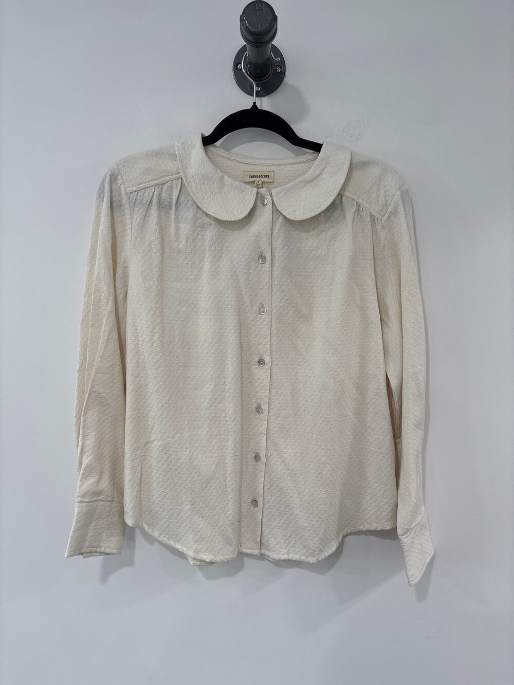 Umber & Ochre ButtonDown Peter Pan Collar Hand Woven Cotton Long Sleeve Blouse S